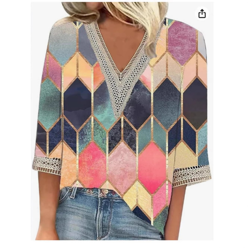 2025 European and American Summer Hot-Selling Women's V-Neck Lace-Trimmed Printed Loose Shirt Top, Comfortable and Breathable, Machine Washable 2025 European and American Summer Hot-Selling Women's V-Neck Lace-Trimmed Printed Loose Shirt Top, Comfortable and Breathable, Machine Washable