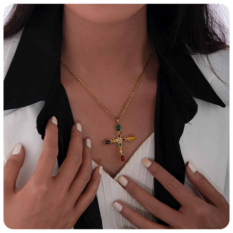 Tina acero inoxidable piedra natural collar cruz colgante de mujer nicho de alta calidad joyería cadena clavícula al por mayor transfronteriza image 1