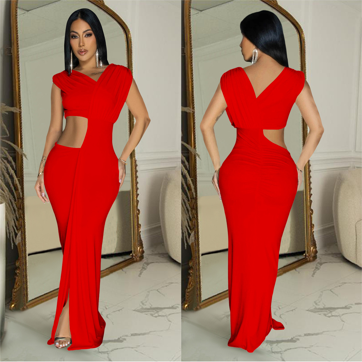 C7061 Aliexpress transfronterizo Amazon estación independiente de moda europea y americana ropa de mujer sin mangas de color sólido vestido en V profundo nuevo image 4