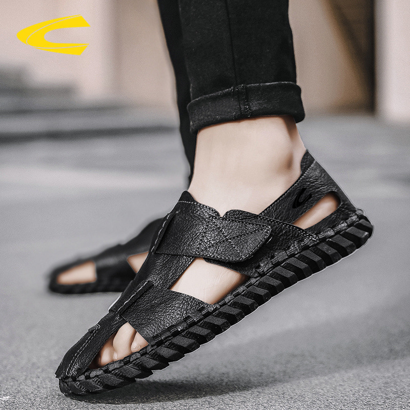 German Camel Sandals Men's Summer Outwear Leather Sandals Heap Hollow Roman Slippers Non-slip Shoes for Driving