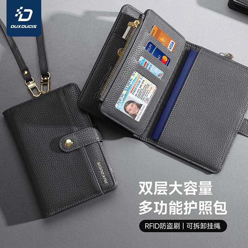 Bolso de pasaporte multifuncional al por mayor de regalos transfronterizos Cartera de almacenamiento de documentos de cuero PU Cepillo antirrobo Paquete de tarjeta de viaje con cordón