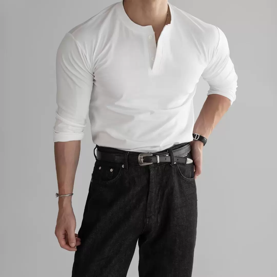 POLO衫美式亨利衫长袖硬汉健身肌肉男紧袖口开领修身纯色撸铁批发