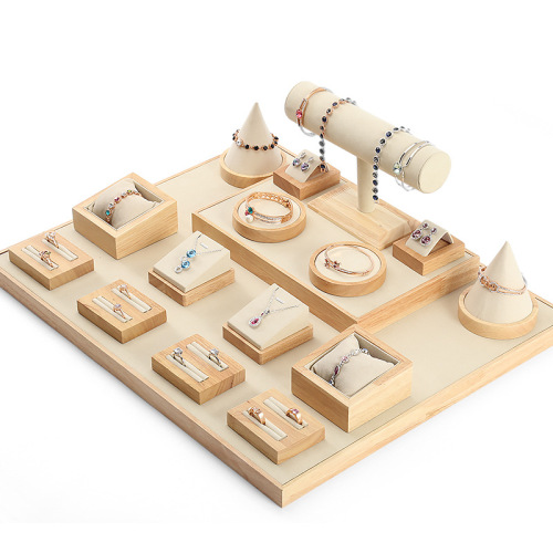 High-end solid wood and bamboo velvet necklace jewelry display and display stand set jade showcase decorative display rack and tray