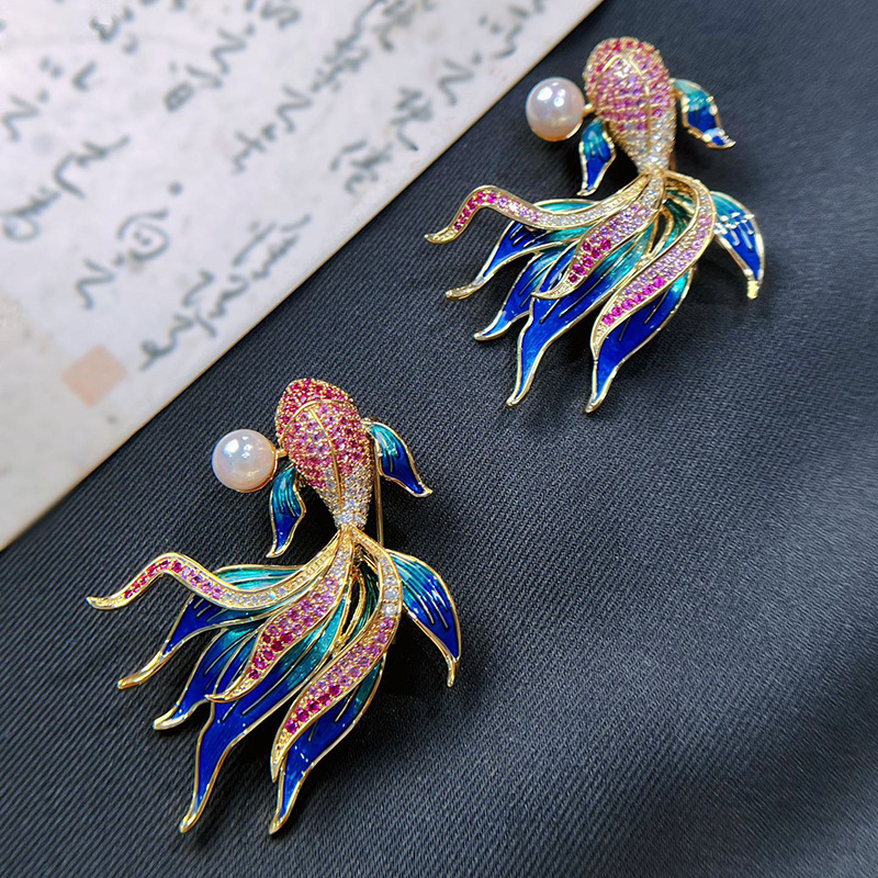 DIY accessories Chinese style koi goldfish brooch enamel copper gold-plated zircon pin pearl corsage empty holder