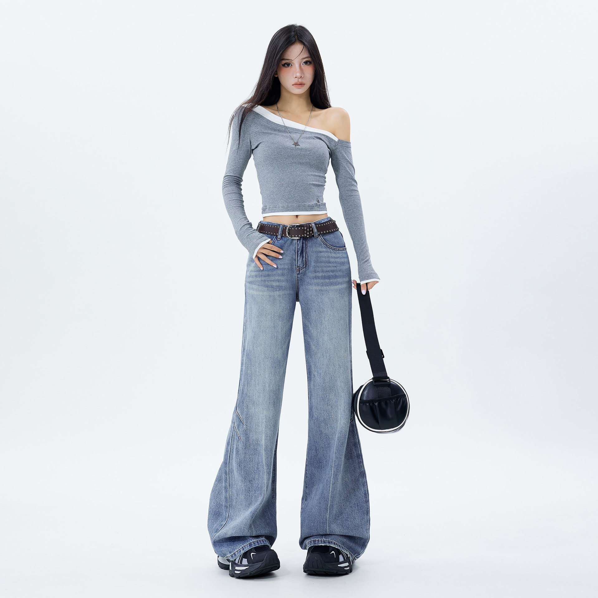 Retro denim flared trousers