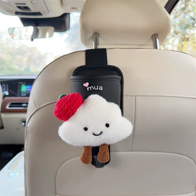 seat cup holder for women — Car cup holder/beverage holder - black-leather-cup-holder-with-hook-white-cloud-red-beret