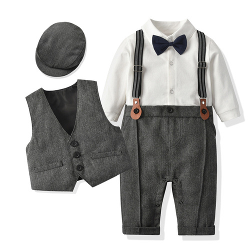 New Spring and Autumn Children's Clothing Infant and Toddler British-style Vest Bodysuit Climbing Gentleman Hat First Birthday Suit Newborn Gentleman Set