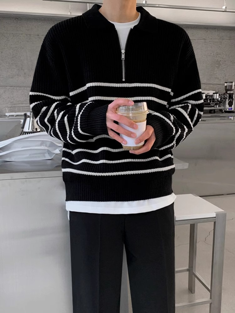 Suéter con cremallera para hombre Suéter de punto a rayas casual de moda suelta Suéter para hombre Otoño e invierno Cuello medio alto para hombre