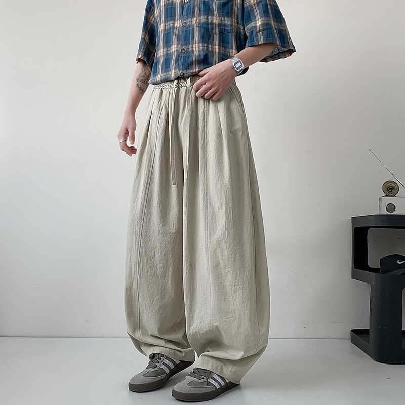 夏季新中式国风棉麻弯刀裤男宽松休闲阔腿裤大码垂感松紧腰伞兵裤