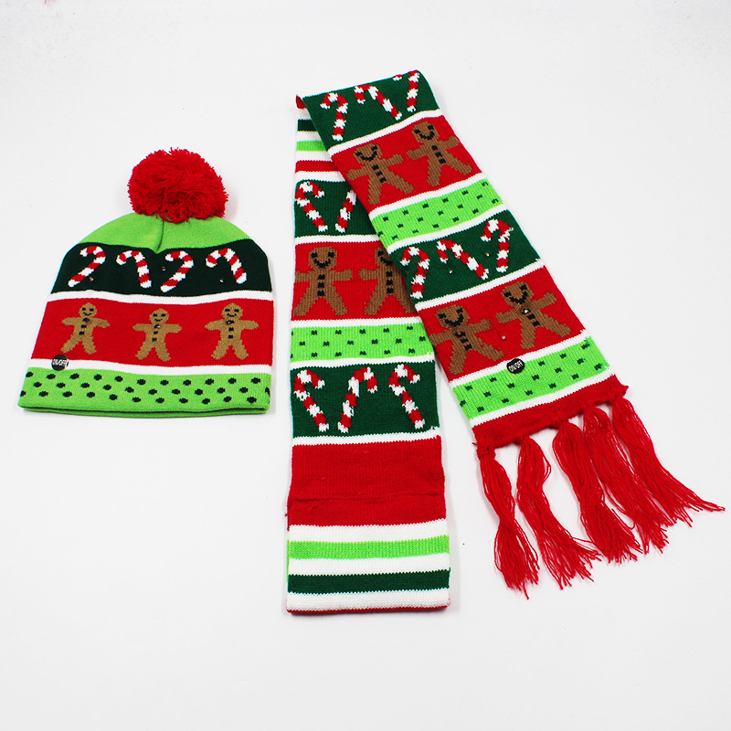 Fabricante transfronterizo de gorros navideños europeos y americanos tejidos en jacquard, gorros navideños de lana con luces LED, gorros navideños con pompón y bufandas. image 55