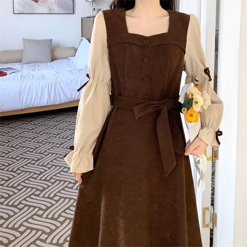 法式感长袖连衣裙女2025秋季新款气质收腰显瘦过膝红色中长裙