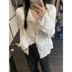 大码胖妹妹显瘦宽松百搭翻领衬衣女秋季法式褶皱打底长袖衬衫外套