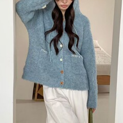 糖果色软糯连帽毛衣外套女2025韩版秋季百搭宽松慵懒风针织开衫女