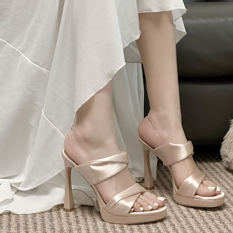 In Stock for Immediate Delivery~Champagne-Colored Satin High-Heeled Sandals for Summer, Sexy and Mature Style, Open-Toe Platform High Heels for Outdoor Wear In Stock for Immediate Delivery~Champagne-Colored Satin High-Heeled Sandals for Summer, Sexy and Mature Style, Open-Toe Platform High Heels for Outdoor Wear