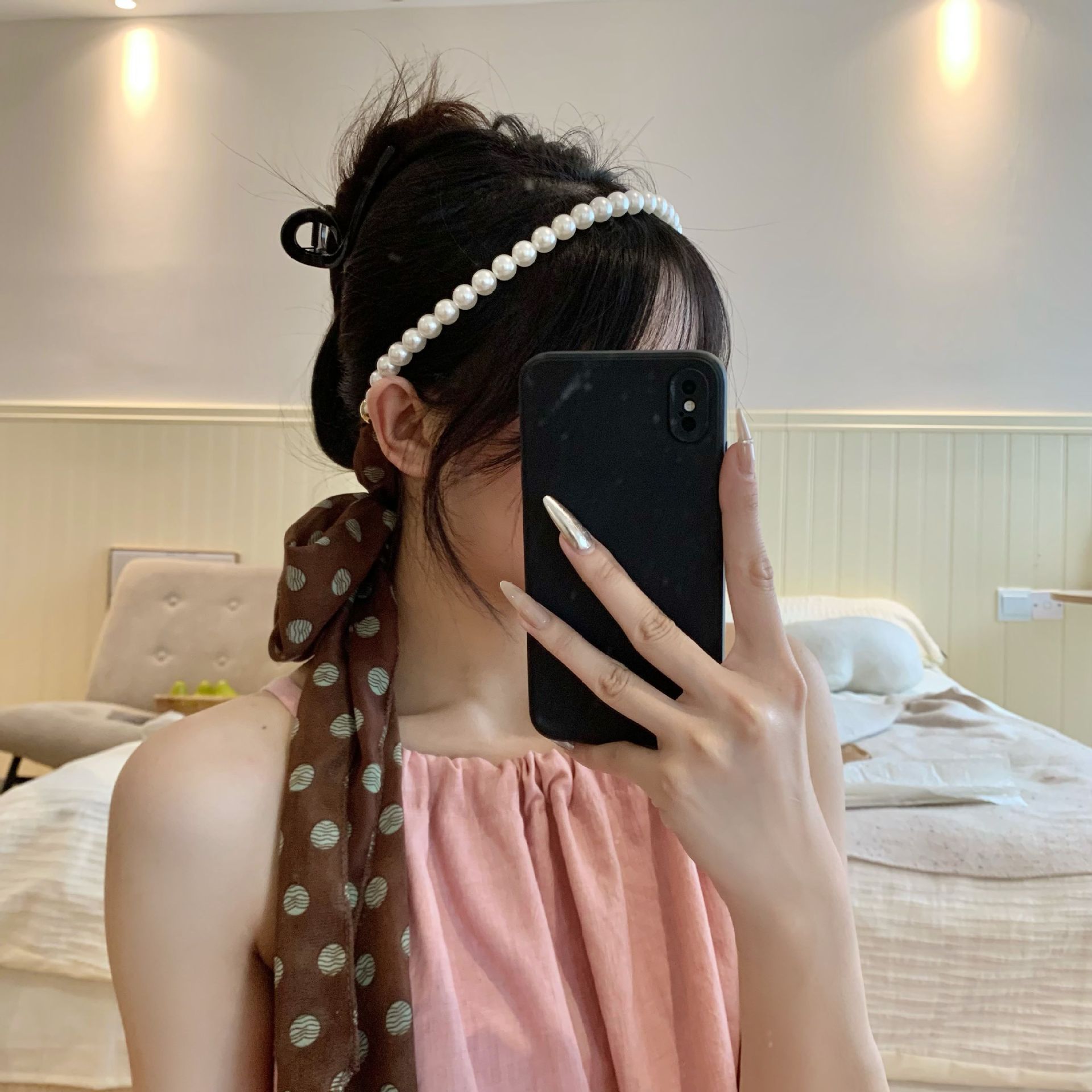 Collar de perlas Nuevo cinturón de moda multiusos Bufanda de seda Tiras largas Tiras de alta calidad Turbante para el cabello Cinturón de lunares para el cabello Accesorios para el cabello