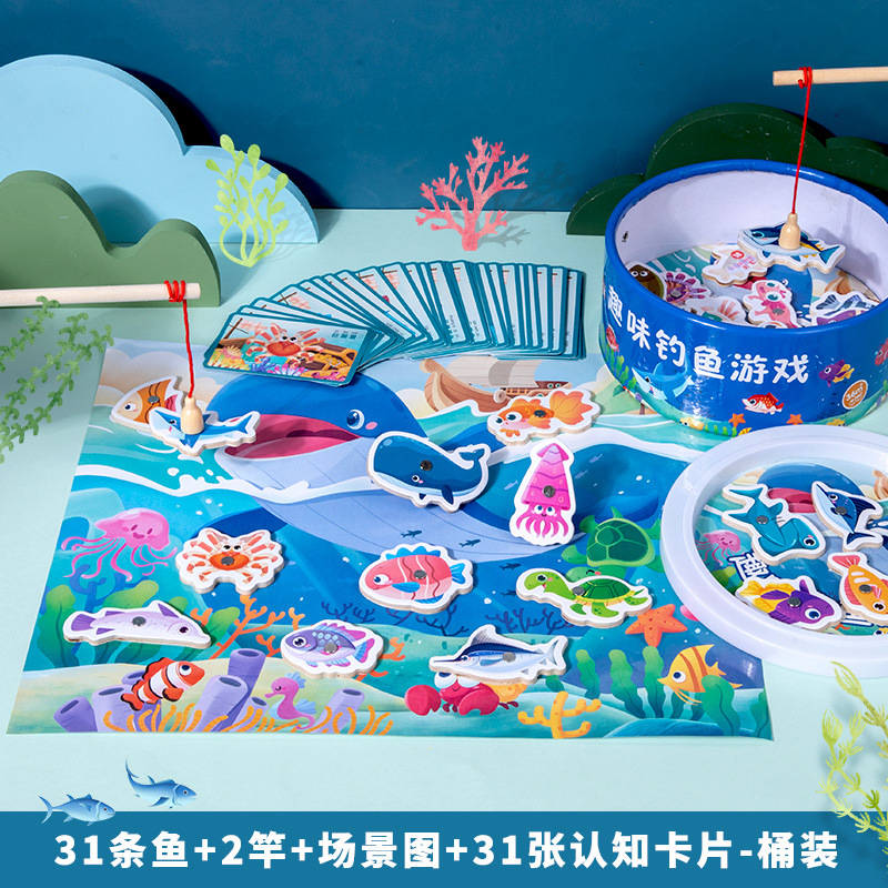 Diversión de madera barril magnético pesca marina juego de cartas juego ejercicio coordinación mano-ojo juguetes educativos
