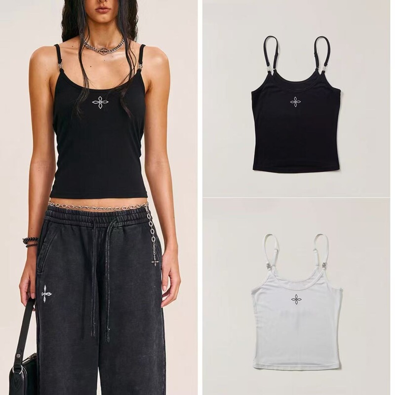 Smfk Cross-Stamp Acetate Tight-Fitting Camisole Black Solid Color Adjustable Strap Top