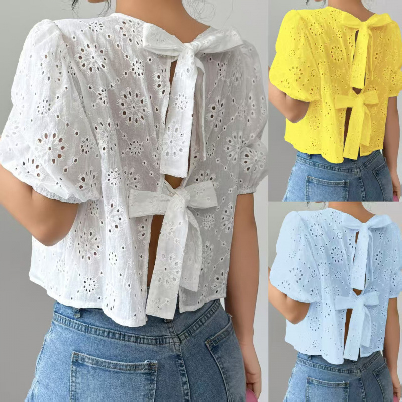 European and American Sweet Style Spring and Summer Sexy Backless Lace Shirt for Women, Short-Sleeved, Tie-Back, Slit Back, Versatile Top European and American Sweet Style Spring and Summer Sexy Backless Lace Shirt for Women, Short-Sleeved, Tie-Back, Slit Back, Versatile Top