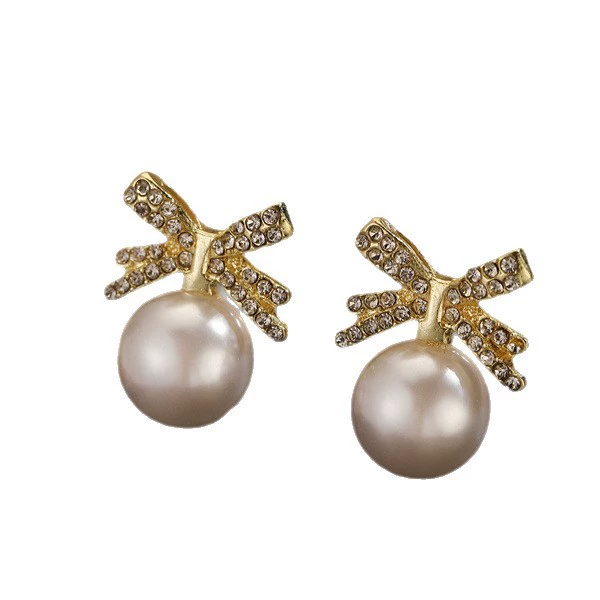Pearl bow earrings, Japanese‑Korean style, rhinestone‑encrusted, lightweight 0.01 kg