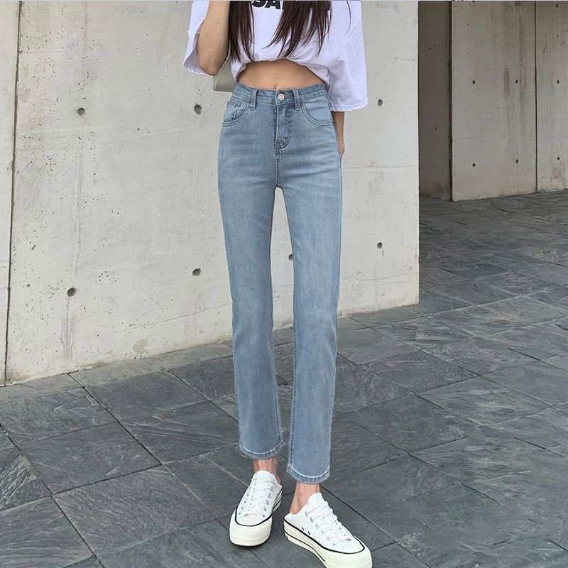Light Blue Women's Summer Slim-Fit Stretch High-Waisted Slimming Commuter Loose Straight Cigarette Pants Cropped