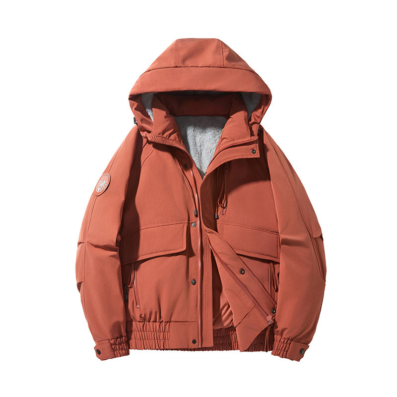 2025 invierno nuevo engrosado chaqueta encapuchada abrigo de marca de moda ladrillo rojo gran stock de algodón colgante image 5