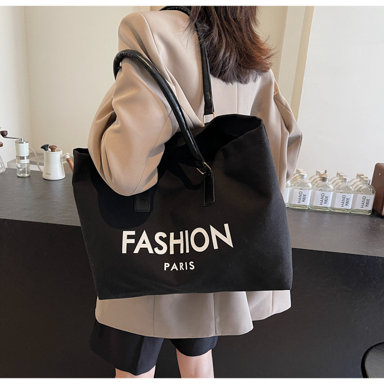 262g Weight Polyester Lining Material Open Closure Type Single Shoulder Strap Strap Type Tote Bag Bags Type Holiday, Daily Occasion Canvas Material Letter Pattern All Seasons Season Women's Gender Classic Style Style Square Shape Large Size Women's Large Canvas Letter Classic Style Square Open Tote Bag 11
