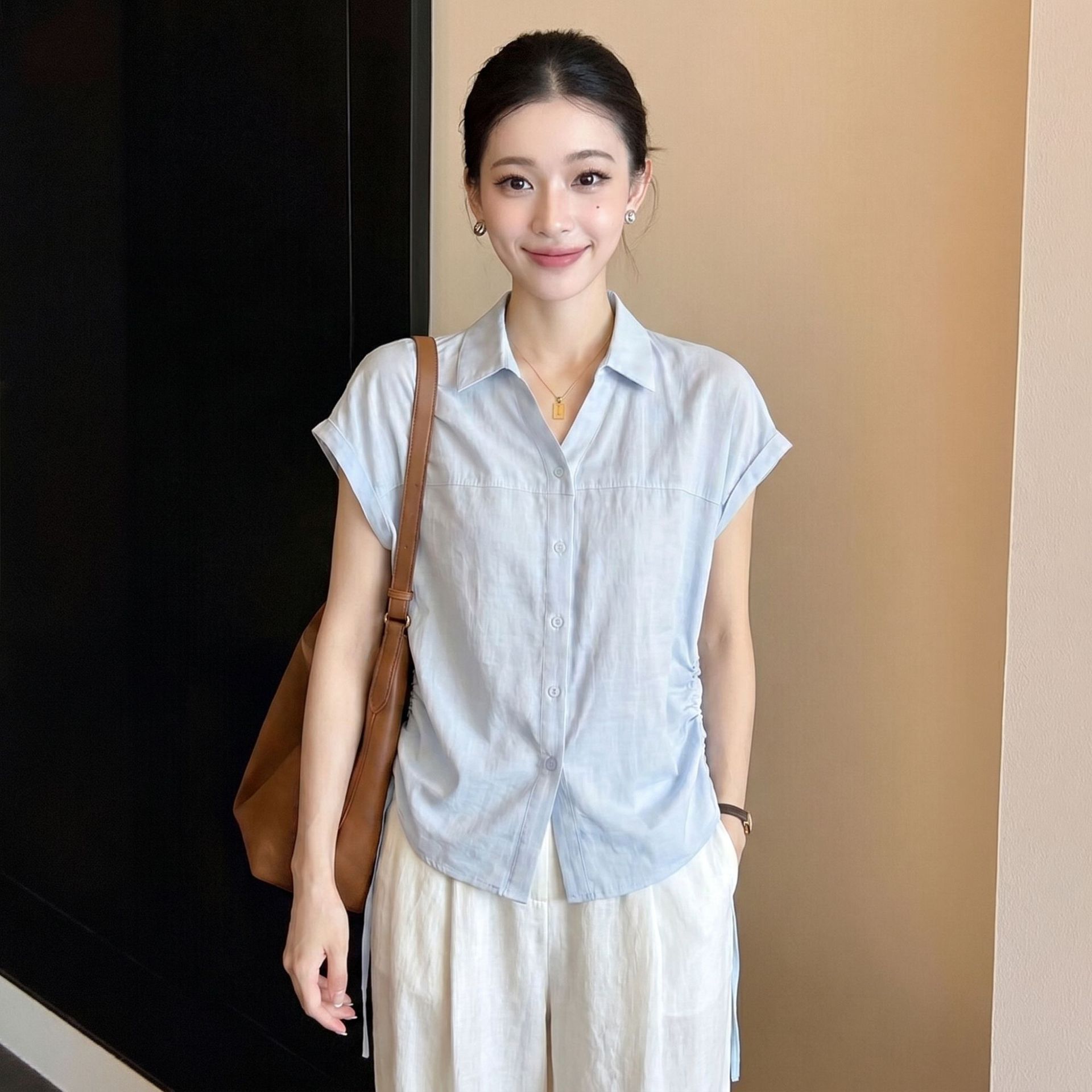 Áo sơ mi ngắn tay nữ màu vàng thiết kế độc đáo, eo thon, dành cho người đầy đặn — xanh lam chi tiết 2