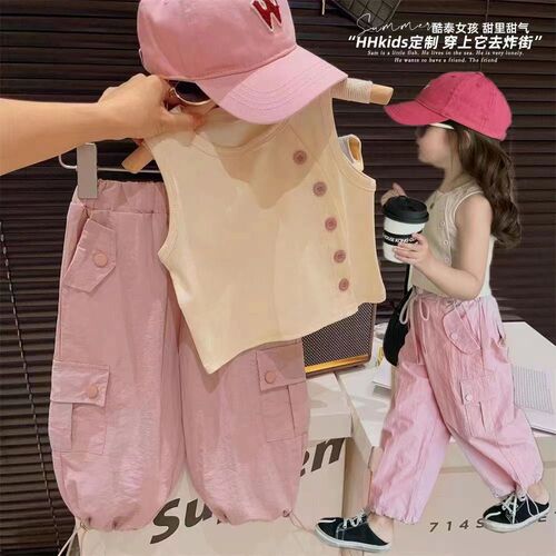 Children's Summer 2024 Fashion Set for Girls in Korea - Cute and Trendy Design Backless Top with Work Pants