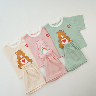 2025 Summer New Children's Short-sleeved suit Cartoon Rainbow Bear Cotton T-shirt Korean Style Baby Summer Clothing