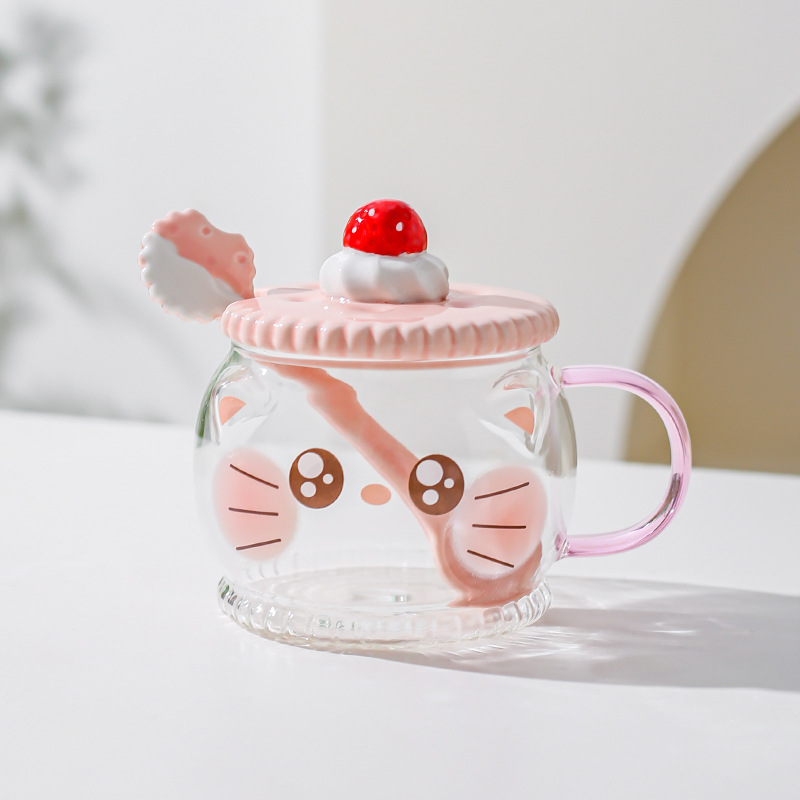 Creativo lindo alto borosilicato vidrio taza rosa corazón de la chica regalar taza de agua con cuchara de cerdo taza de gato