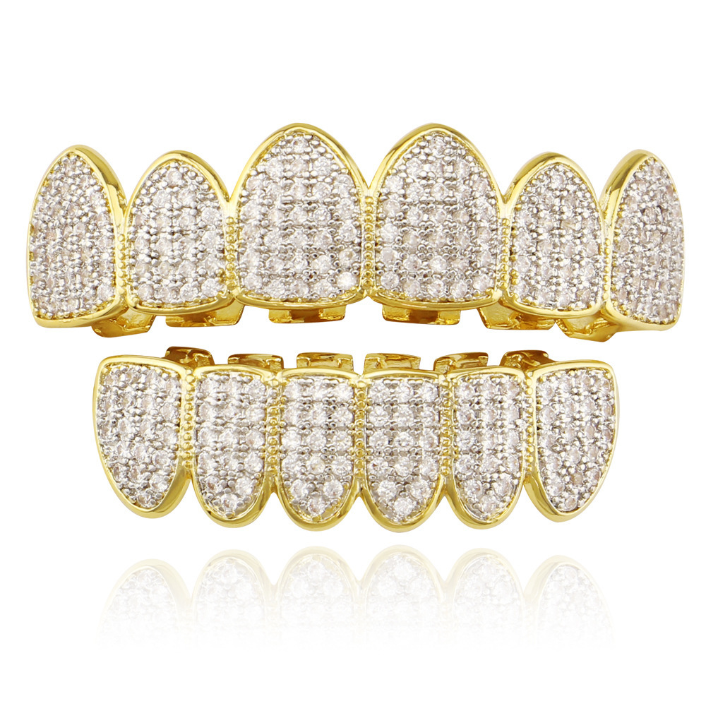 18K chapado en oro 4A micro-con incrustaciones de circón hip hop diamante-incrustado oro tirantes para hombres y mujeres Halloween dientes falsos parrillas