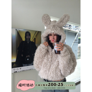 Cute ears imitation leather short hooded plush coat for women loose thickened lazy style autumn and winter internet celebrity coat