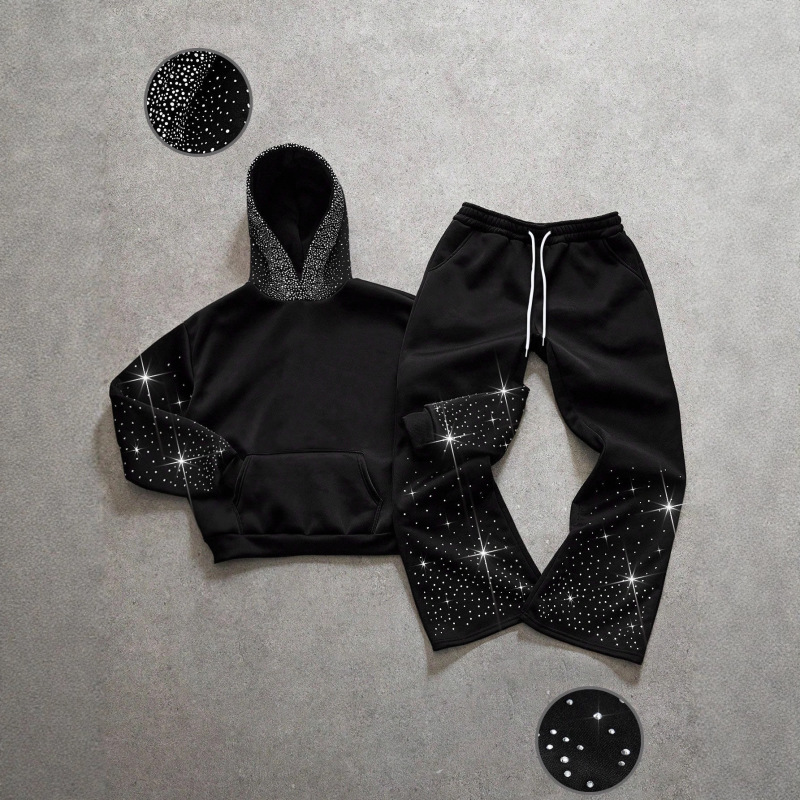 Autumn and Winter Gothic Hip-Hop High Street Rock Y2K Diamond Design Crop Trendy Brand Men's and Women's Hooded Sweatshirt Suit
