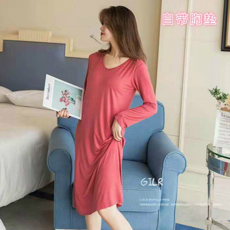 Pijamas de comercio exterior al por mayor con almohadilla en el pecho de las mujeres de manga larga de otoño de media longitud sobre la rodilla camisón se puede usar fuera de casa desgaste primavera y otoño