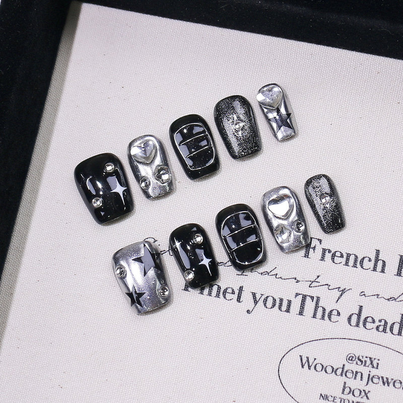 Pure hand-worn armour short metallic color retro hand-painted fake nail patch wholesale removable flash love drill