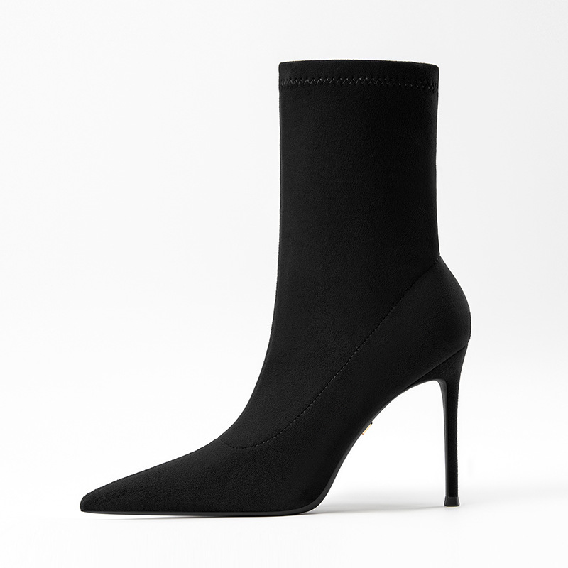 Elegante Damen Stiefel Mit Absatz Pointed Toe Stretch Schwarz_voghion.com