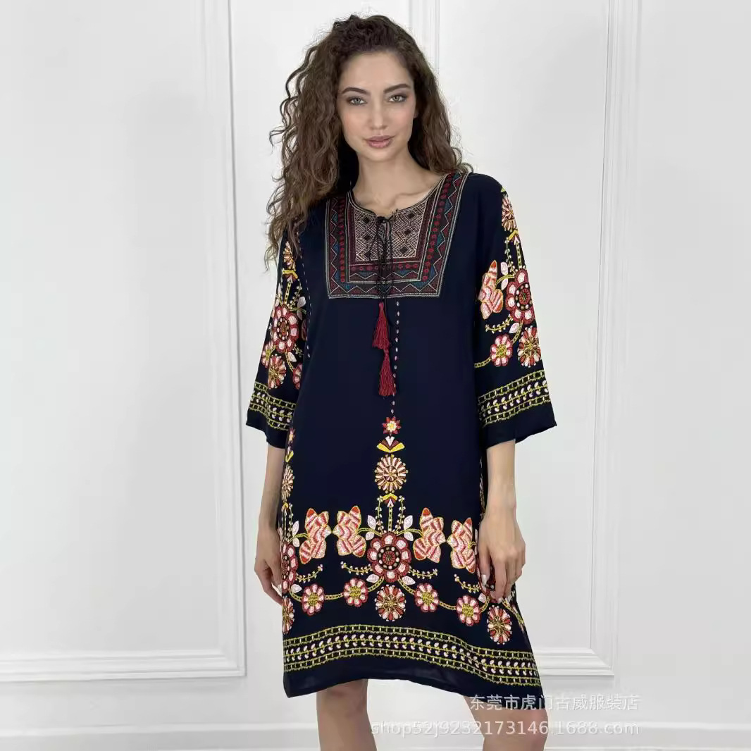 棉绸印花连衣裙文艺复古民族风女装裙子泰国风a字裙棉质连衣裙