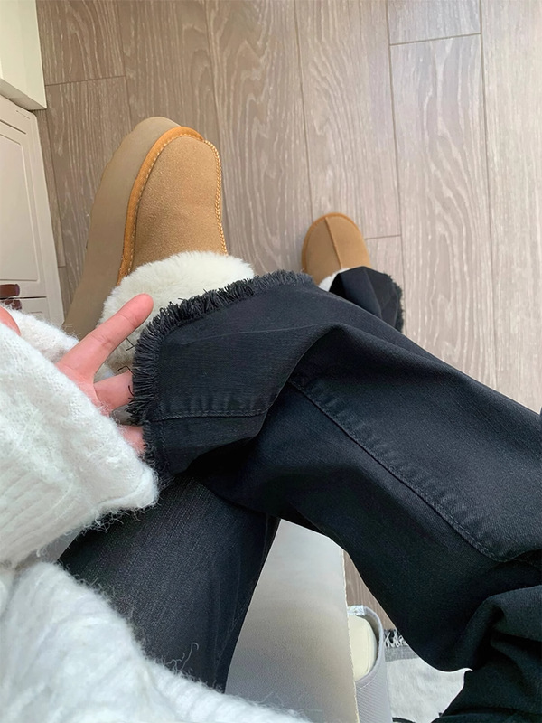大码黑色毛边微喇牛仔裤女春秋新款胖mm大码弹力显瘦宽松喇叭裤子|undefined