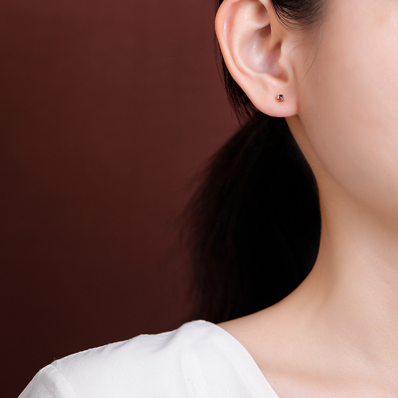Bông tai bạc S925 đính đá thạch anh tím hạt tròn cổ điển — Kiểu màu bạc