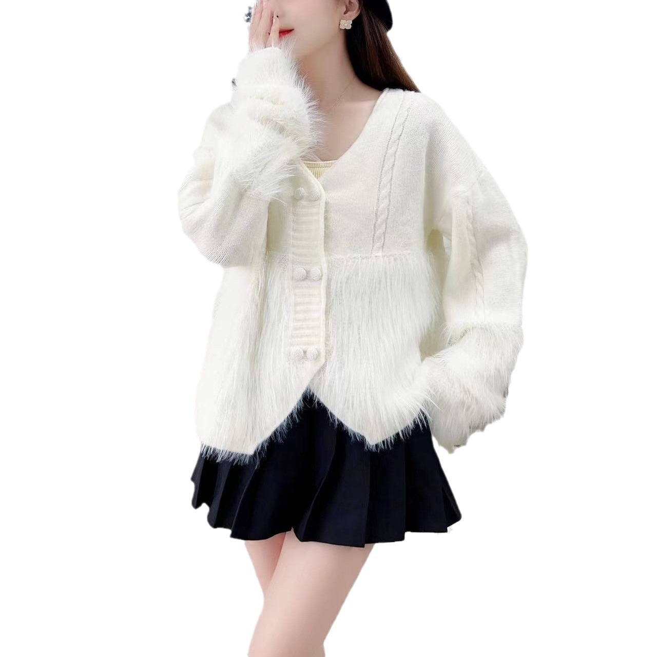 Suéter de punto de imitación visón nuevo para otoño/invierno, diseño trenzado y con diseños, cárdigan con botones simples y cuello en V, manga larga juvenil, abrigo image 6