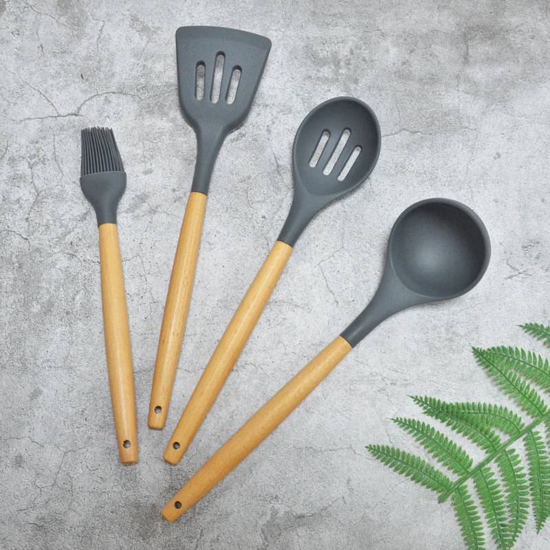 Dark gray silicone kitchen utensils with non-stick dark gray soft…