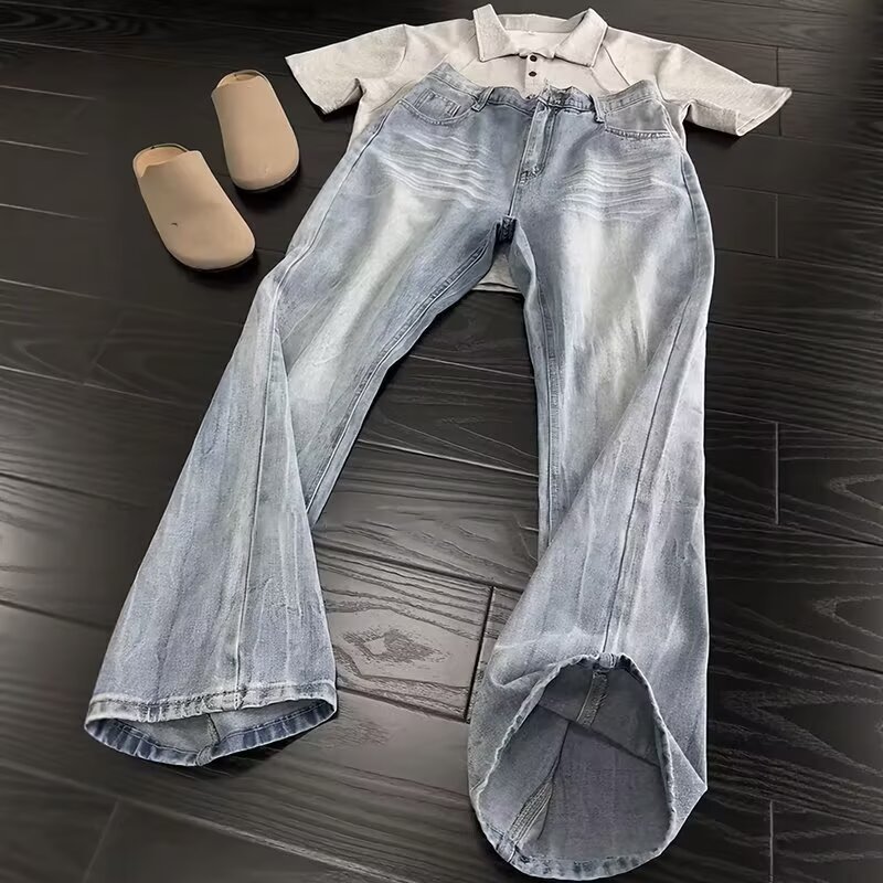 Men's Distressed Washed Bootcut Jeans Vintage Denim Trousers_voghion.com