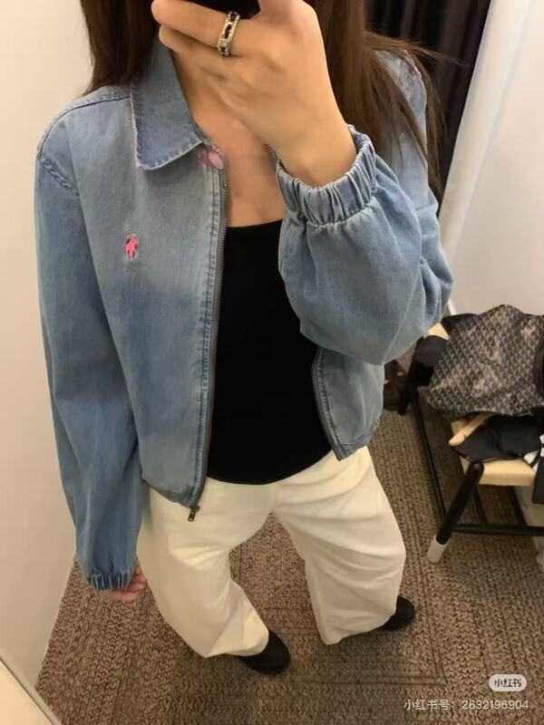 高品质~2025秋冬复古蓝色翻领拉链外套小马刺绣百搭牛仔上衣女|undefined