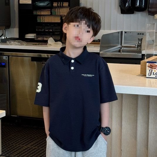 Summer boys' loose casual sportswear versatile top, collared button-down polo shirt, short-sleeved printed T-shirt for medium and large children