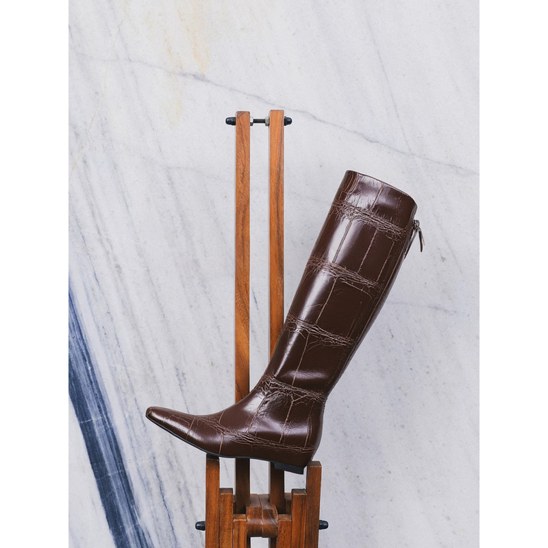 New Product Ls'Rommors Luxury High Street Style Crocodile Pattern Cowhide High-Top Inner Heightening Knee-High Boots Large Size 4