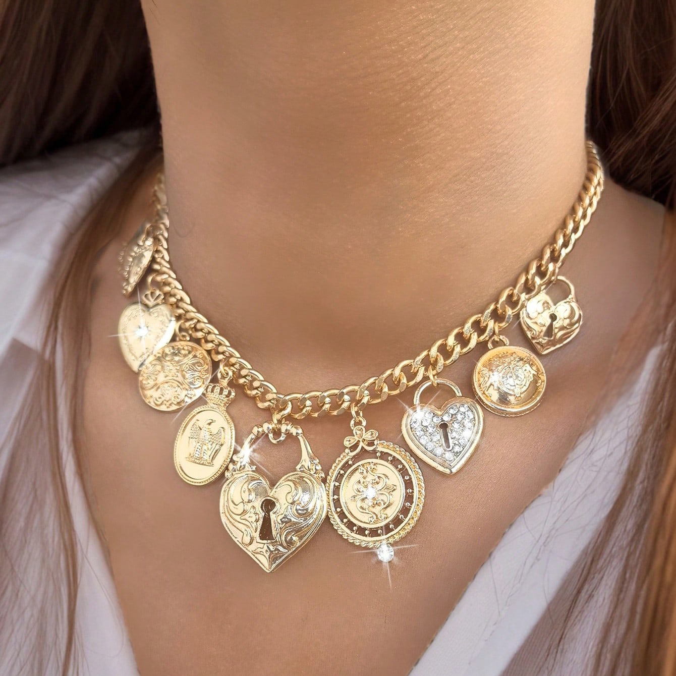 Multi Charms Necklace Classification IG Style Vintage Style Heart Shape Rose Bow Knot Rhinestones CCB Alloy Cuban Link Chain Curb Chain Layered Necklaces Wholesale