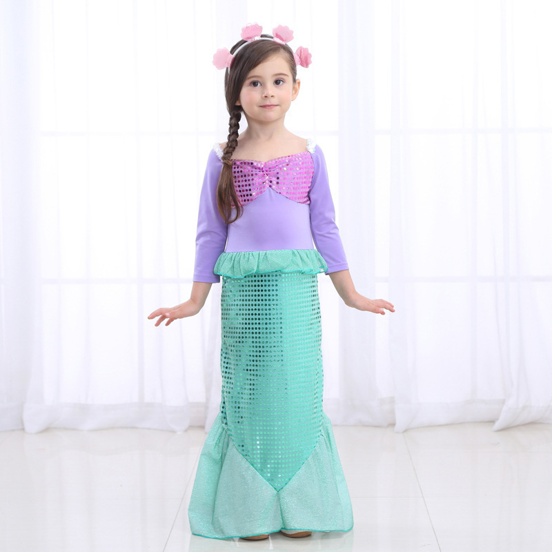 Cross-border European and American Christmas Girls Mermaid Dress Foreign Trade Long Sleeve Evening Dress Girls Beaded Princess Dress