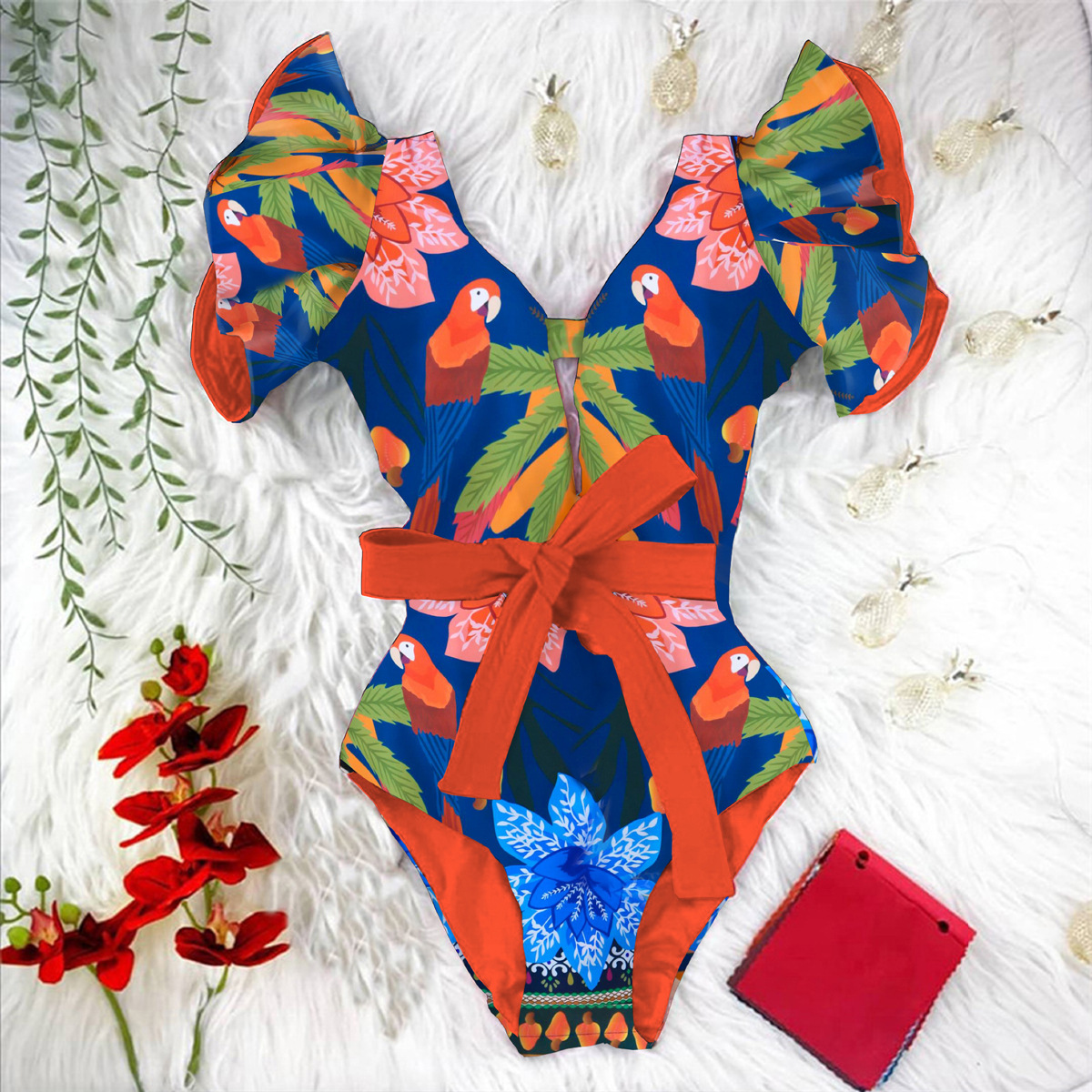 315g Weight Short Sleeve Sleeve Length Polyester Fabric Type Short Top Length One-pieces Tops Type 1 Piece Quantity Swimming Occasion V Neck Neckline Slim Fit Type Printing Pattern Women's Gender Vacation Style Women's Vacation Printing 1 Piece One Piece Swimwear 无