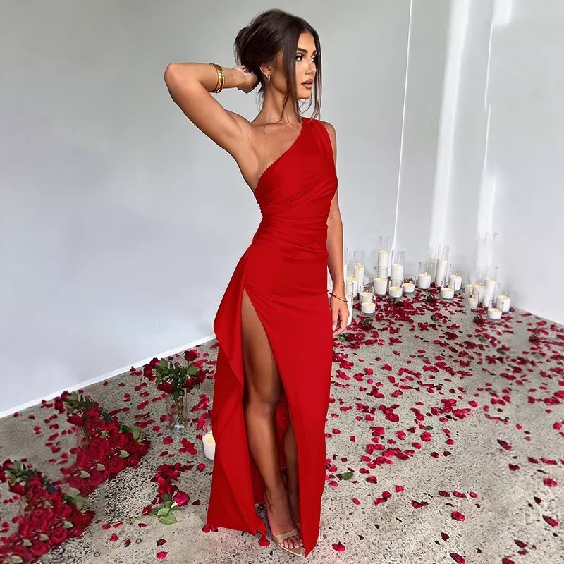 2026 European and American Amazon Summer New Design Stylish Sexy Slim-Fit Off-Shoulder Slit Satin Dress for Women