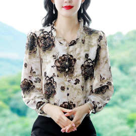 大码印花雪纺衬衫女上衣2026春夏季新款女士印花气质显瘦衬衣长袖